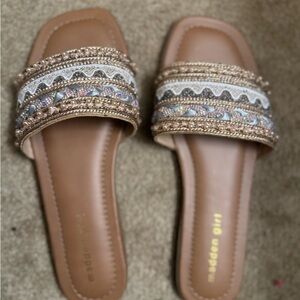 Madden Girl Tan and White Embellished Sandals